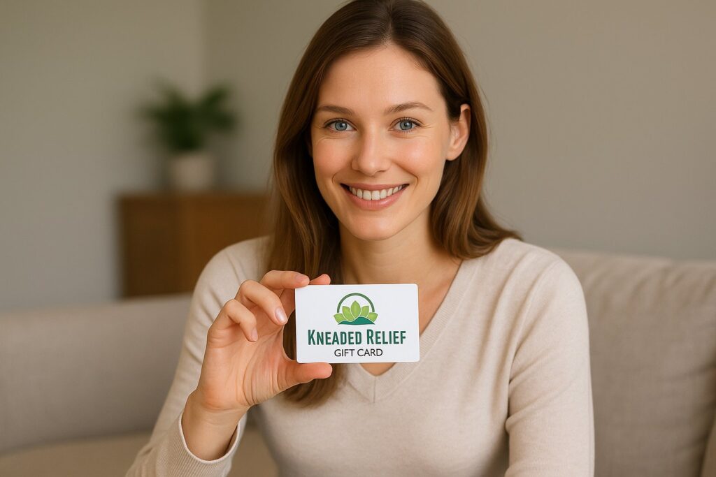 Client Holding a Kneaded Relief Massage & Spa gift card for massage and spa services