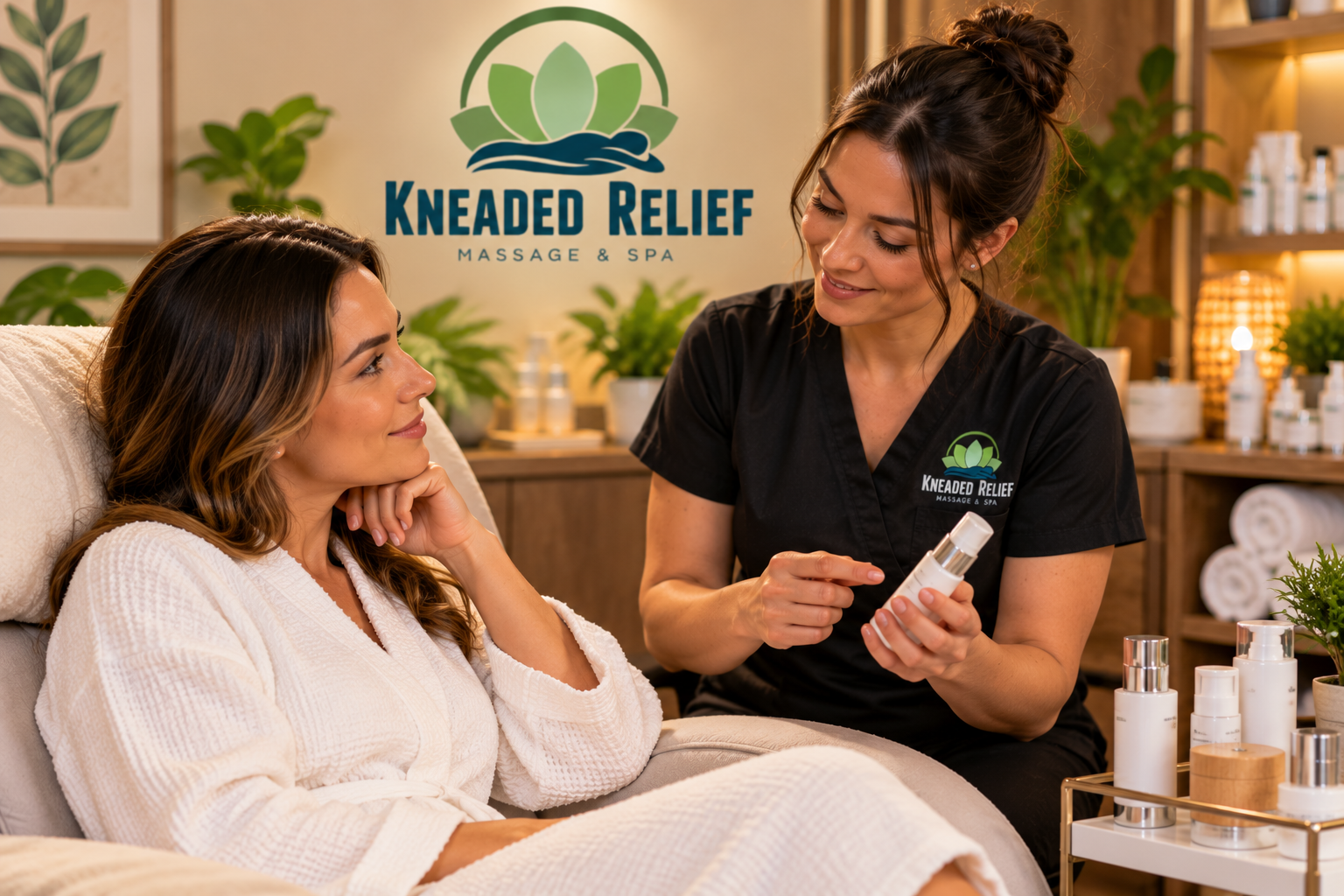 Kneaded Relief Massage and Spa professional speaking with a client
