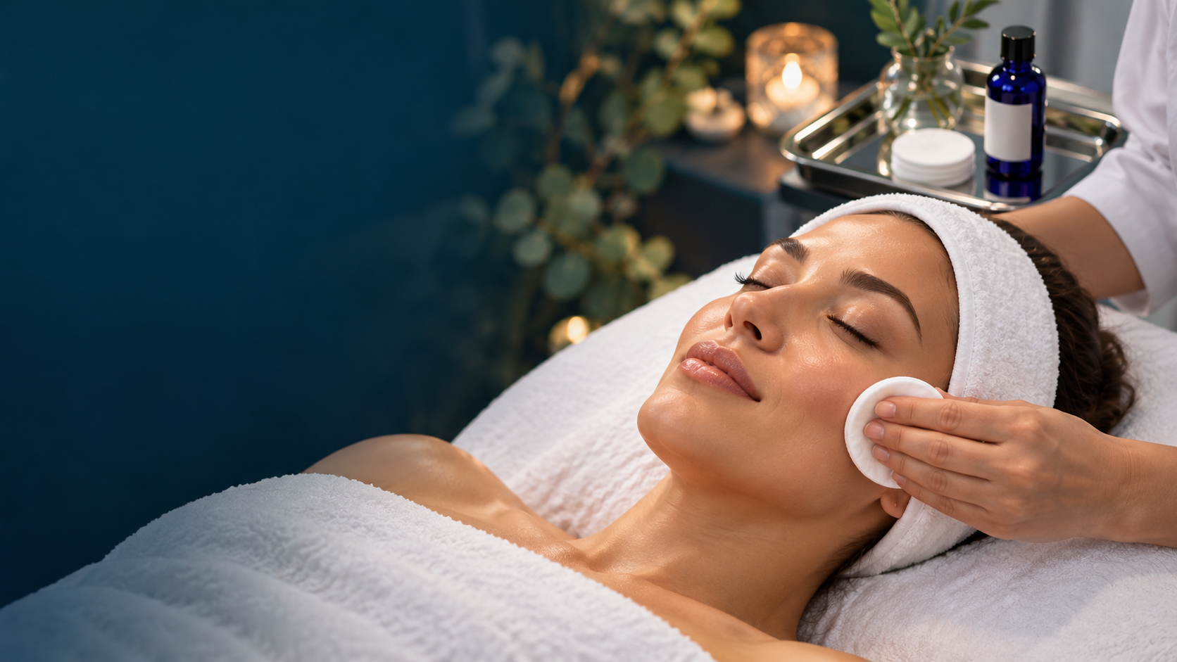 A guest receiving professional facial skincare with a cotton pad